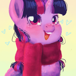 Size: 1650x1655 | Tagged: safe, artist:catuddi, twilight sparkle, alicorn, pony, g4, bust, clothes, cute, female, heart, looking at you, mare, open mouth, scarf, simple background, solo, twiabetes, twilight sparkle (alicorn), yellow background