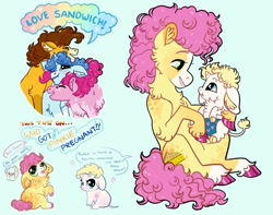 Size: 1024x805 | Tagged: safe, artist:loryska, cheese sandwich, li'l cheese, party favor, pinkie pie, oc, oc:linzer torte, classical unicorn, earth pony, pony, unicorn, g4, the last problem, baby, baby pony, bisexual, brothers, chest fluff, cloven hooves, colored hooves, colt, ear fluff, female, gay, green background, horn, leonine tail, male, mare, ot3, party trio, partycheesepie, polyamory, ship:cheesepie, ship:partypie, shipping, siblings, simple background, speech bubble, stallion, story included, straight, unshorn fetlocks