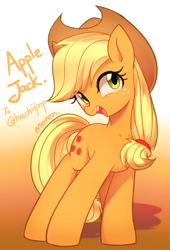 Size: 2317x3417 | Tagged: safe, artist:maren, applejack, earth pony, pony, g4, applejack's hat, cowboy hat, cute, female, gift art, gradient background, hat, high res, jackabetes, mare, open mouth, solo