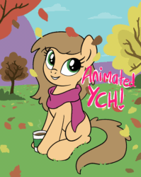 Size: 768x964 | Tagged: safe, artist:lannielona, pony, advertisement, animated, autumn, bush, clothes, cloud, coffee, commission, falling leaves, female, gif, grass, leaf, leaves, mare, mountain, scarf, sitting, sky, smiling, solo, steam, tree, your character here