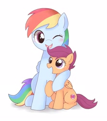 Size: 2768x3112 | Tagged: safe, artist:ginmaruxx, rainbow dash, scootaloo, pegasus, pony, g4, blushing, cute, cutealoo, dashabetes, duo, female, filly, high res, hug, mare, one eye closed, open mouth, pixiv, scootalove, simple background, sisterly love, smiling, white background, wink