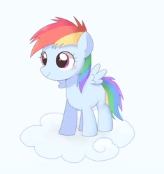 Size: 2894x3082 | Tagged: safe, artist:ginmaruxx, rainbow dash, pegasus, pony, g4, blue background, blushing, cloud, cute, dashabetes, female, filly, filly rainbow dash, high res, on a cloud, pixiv, simple background, solo, younger