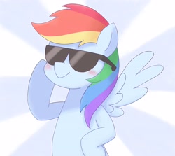 Size: 3248x2894 | Tagged: safe, artist:ginmaruxx, rainbow dash, pegasus, pony, g4, 20% cooler, blushing, cool, female, high res, mare, solo, sunburst background, sunglasses