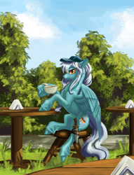 Size: 1200x1570 | Tagged: safe, artist:kirillk, oc, oc only, oc:ice, pegasus, pony, coffee, food, knife, scenery, scenery porn, solo, table, tree, wings