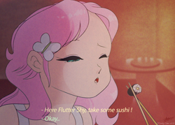 Size: 5432x3888 | Tagged: safe, artist:smileyjoke36, fluttershy, human, g4, absurd resolution, anime, eyes closed, fake screencap, female, food, hairclip, humanized, offscreen character, ranma 1/2, solo, subtitles, sushi