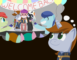 Size: 1920x1500 | Tagged: safe, artist:toshimatsu, derpibooru exclusive, oc, oc only, oc:littlepip, oc:velvet remedy, earth pony, pony, unicorn, fallout equestria, balloon, banner, clothes, confetti, eyes closed, fanfic, fanfic art, female, grin, hooves, horn, jumpsuit, male, mare, overmare, party, pipbuck, smiling, stable 2, stallion, thought bubble, vault suit