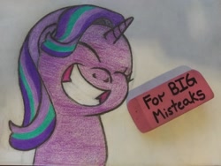 Size: 1626x1220 | Tagged: safe, artist:drbksmd, starlight glimmer, pony, unicorn, g4, memnagerie, my little pony: friendship is forever, cute, eraser, eyes closed, female, glimmerbetes, grin, laughing, mare, meme, misspelling, smiling, solo, traditional art