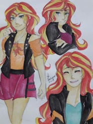 Size: 1280x1707 | Tagged: safe, artist:harleysart, sunset shimmer, equestria girls, g4, bust, clothes, cutie mark, cutie mark on clothes, female, jewelry, necklace, smiling, traditional art, vest
