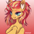 Size: 1000x1000 | Tagged: safe, artist:sombraset, sunset shimmer, pony, unicorn, g4, female, gradient background, mare, red background, redesign, signature, slit pupils, smiling, smirk, solo