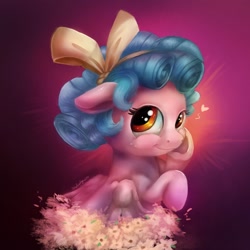 Size: 1200x1200 | Tagged: safe, artist:underdog234, cozy glow, pegasus, pony, g4, cozybetes, cute, female, filly, floating heart, flower, heart, hoof on cheek, looking at you, signature, solo