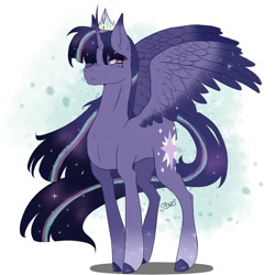 Size: 1024x1024 | Tagged: safe, artist:kurookaamii, artist:thelazyponyy, twilight sparkle, alicorn, pony, g4, colored hooves, colored wings, colored wingtips, crown, curved horn, female, horn, jewelry, mare, redesign, regalia, signature, solo, sparkles, twilight sparkle (alicorn)