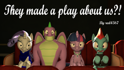Size: 1920x1080 | Tagged: safe, artist:red4567, rainbow dash, rarity, spike, twilight sparkle, alicorn, dragon, pegasus, pony, unicorn, fanfic:they made a play about us?!, g4, 3d, fanfic, fanfic art, fanfic cover, female, gigachad spike, link in description, male, mare, mixed reactions, older, older rainbow dash, older rarity, older spike, older twilight, shrunken pupils, source filmmaker, twilight sparkle (alicorn), twilight will not outlive her friends, winged spike, wings