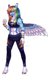 Size: 600x957 | Tagged: safe, artist:malinraf1615, rainbow dash, pegasus, anthro, unguligrade anthro, g4, abs, alternate hairstyle, bandage, belly button, breasts, cleavage, clothes, deviantart watermark, female, markings, obtrusive watermark, pale belly, pants, simple background, solo, sports bra, sweatpants, tape, transparent background, unshorn fetlocks, watermark, wristband