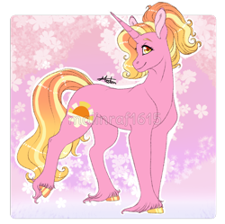 Size: 874x870 | Tagged: safe, alternate version, artist:malinraf1615, luster dawn, pony, unicorn, g4, alternate hairstyle, female, headcanon, leg fluff, mare, pink background, raised leg, solo, transparent background, unshorn fetlocks, watermark