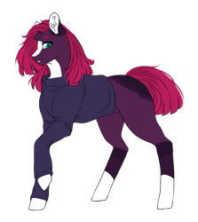Size: 804x900 | Tagged: safe, artist:malinraf1615, fizzlepop berrytwist, tempest shadow, pony, unicorn, g4, adult blank flank, alternate hairstyle, blank flank, blank flank tempest, broken horn, clothes, female, headcanon, horn, implied oc, implied star tracker, lip bite, mare, markings, raised hoof, redesign, simple background, solo, sweater, transparent background