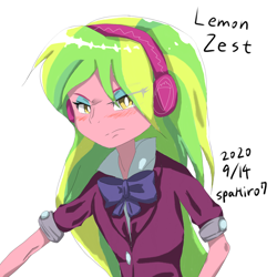 Size: 2000x2000 | Tagged: safe, artist:spahiro7, lemon zest, equestria girls, g4, blushing, clothes, crystal prep academy uniform, eye clipping through hair, female, frown, headphones, high res, school uniform, signature, simple background, solo, tsundere, tsundere zest, white background