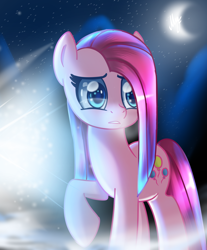 Size: 1900x2300 | Tagged: safe, artist:opal_radiance, pinkie pie, earth pony, pony, g4, female, high res, mare, moon, pinkamena diane pie, snow, solo