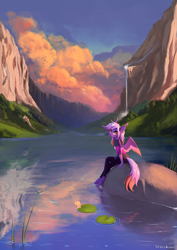 Size: 3000x4243 | Tagged: safe, artist:vincher, oc, oc only, oc:ardent dusk, dragonfly, insect, pegasus, anthro, unguligrade anthro, boulder, clothes, detailed background, ear fluff, eye clipping through hair, female, freckles, hock fluff, hoodie, lilypad, looking at you, mountain, pants, ripped pants, scenery, sitting, smiling, solo, water, waterfall