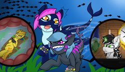 Size: 2600x1500 | Tagged: safe, artist:noblebrony317, spitfire, oc, oc:marko pholo, oc:tidal reef, oc:wave crush, fish, orca, orca pony, original species, pony, shark, shark pony, unicorn, series:fish food, g4, bracelet, bucket, controller, drift wood, drool, drool string, eaten alive, endosoma, esophagus, game console, internal, jewelry, kelp, model boat, mucous, mucus, non-fatal vore, open mouth, pocket watch, pvc, radio, rugae, salivating, seaweed, stomach, stomach acid, stomach walls, taste buds, underwater, vore, water