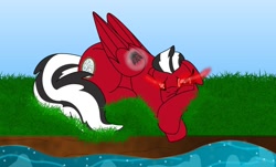 Size: 1280x772 | Tagged: safe, artist:small-brooke1998, oc, pony, creek, decepticon, floppy ears, glowing eyes, lying down, ponified, prone, sad, shatter (transformers), transformers