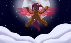 Size: 1280x772 | Tagged: safe, artist:small-brooke1998, alicorn, pony, unicorn, artificial alicorn, artificial wings, augmented, change (steven universe: the movie), cloud, eyes closed, flying, full moon, lyrics in the description, moon, night, open mouth, ponified, sari sumdac, singing, spoilers for another series, steven universe, steven universe: the movie, transformers, wings, wristband