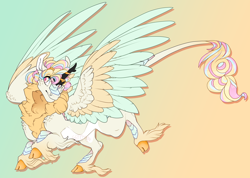 Size: 2542x1812 | Tagged: safe, artist:seffiron, oc, oc only, oc:velvet breeze, hybrid, colored wings, gradient background, multicolored wings, offspring, parent:autumn blaze, parents:canon x oc, solo, wings