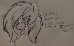 Size: 3609x2239 | Tagged: safe, artist:dicemarensfw, oc, oc only, oc:dicemare, pegasus, pony, answer, art, blushing, bust, cute, ears up, eyes open, female, freckles, high res, ink, inked, mare, monochrome, open mouth, paper, photo, portrait, q&a, question, question and answer, sketch, sketched, solo, tongue out, traditional art