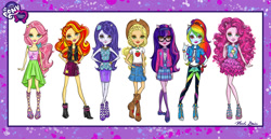 Size: 1500x771 | Tagged: safe, artist:nicole guice, applejack, fluttershy, pinkie pie, rainbow dash, rarity, sci-twi, sunset shimmer, twilight sparkle, equestria girls, g4, my little pony equestria girls: better together, official, clothes, concept art, doll, female, humane five, humane seven, humane six, looking at you, reboot, surreal, toy