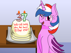 Size: 4030x3030 | Tagged: safe, artist:small-brooke1998, oc, oc:steel justice, alicorn, dracony, dragon, hybrid, pony, birthday, cake, commission, diaper, food, open mouth, smiling