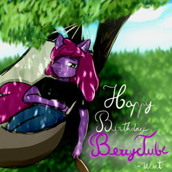 Size: 4000x4000 | Tagged: safe, artist:wut, berry punch, berryshine, earth pony, anthro, g4, alcohol, beer, berrytube, blushing, chill, ear fluff, female, grass, hammock, looking at you, solo, tree