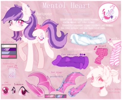 Size: 2000x1636 | Tagged: safe, artist:astralblues, oc, oc only, oc:mentol heart, bat pony, pony, amputee, artificial wings, augmented, bow, bowtie, candy, candy cane, clothes, cute, cutie mark, female, food, lab coat, lenses, mane, mare, mechanical wing, palette, piercing, prosthetic limb, prosthetic wing, prosthetics, prothesis, pupils, reference sheet, scarf, socks, solo, striped socks, sweater, tail bow, wings