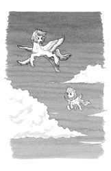 Size: 644x995 | Tagged: safe, artist:adeptus-monitus, oc, oc:summer ray, hippogriff, pegasus, pony, fanfic:through the aurora, duo, flying, grayscale, monochrome, traditional art