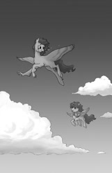 Size: 695x1080 | Tagged: safe, artist:adeptus-monitus, oc, oc:summer ray, hippogriff, pegasus, pony, fanfic:through the aurora, duo, flying, grayscale, monochrome, sky