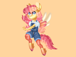 Size: 1024x768 | Tagged: safe, artist:rainydayjitters, oc, oc only, oc:strawberry sunrise, pegasus, anthro, unguligrade anthro, clothes, orange background, overalls, simple background, solo, two toned wings, wings