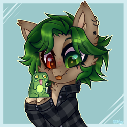 Size: 3000x3000 | Tagged: safe, artist:_spacemonkeyz_, oc, oc only, oc:ame, earth pony, frog, pony, bust, clothes, ear piercing, heterochromia, high res, piercing, shirt, simple background, solo, tongue out