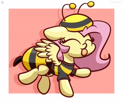 Size: 2850x2360 | Tagged: dead source, safe, artist:php142, fluttershy, bee, insect, pegasus, pony, g4, :p, animal costume, bee costume, clothes, costume, cute, eyes closed, female, flutterbee, hat, high res, mare, raised hoof, raised leg, shirt, shyabetes, solo, t-shirt, tongue out