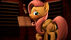 Size: 3840x2160 | Tagged: safe, artist:psfmer, fluttershy, pegasus, pony, 3d, acoustic foam, bedroom eyes, blushing, butt, dock, female, looking at you, looking back, looking back at you, mare, microphone, plot, raised hoof, recording studio, sheet music, solo, source filmmaker, stand, unshorn fetlocks, wings