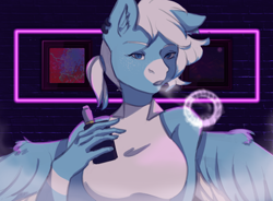 Size: 2514x1855 | Tagged: safe, artist:wild_kissel, oc, oc only, oc:freezing blizzard, pegasus, anthro, ear piercing, freckles, looking at you, neon, piercing, simple background, solo, vape, vaping, vapor
