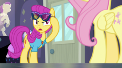 Size: 1280x720 | Tagged: safe, screencap, fluttershy, pursey pink, earth pony, pony, fake it 'til you make it, g4, female, glasses, mare