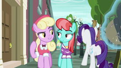 Size: 1280x720 | Tagged: safe, screencap, luckette, rarity, strawberry ice, earth pony, pony, unicorn, fake it 'til you make it, g4, butt, female, looking at each other, magic, mare, plot, raised hoof, rearity, telekinesis