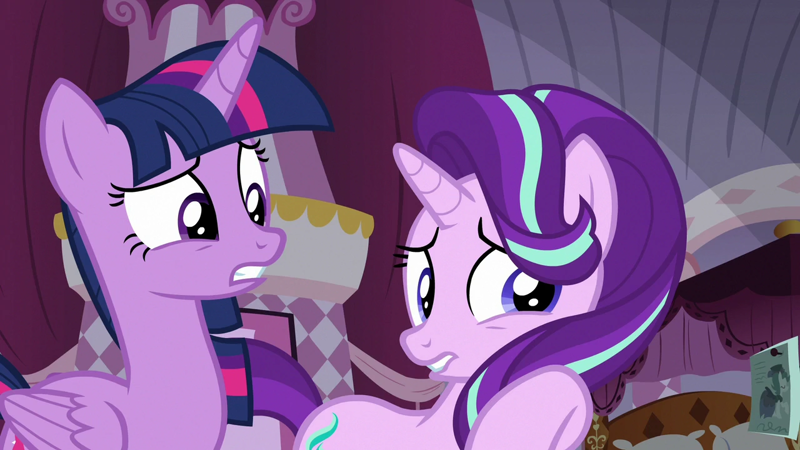 2445762 - safe, screencap, starlight glimmer, twilight sparkle, alicorn,  pony, unicorn, fame and misfortune, disturbed, duo, duo female, female,  mare, raised hoof, twilight sparkle (alicorn) - Derpibooru