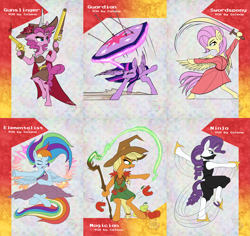 Size: 3507x3308 | Tagged: safe, artist:calena, applejack, fluttershy, pinkie pie, rainbow dash, rarity, twilight sparkle, pony, g4, badass, character class, clothes, colored, cute, dexterous hooves, fantasy class, flat colors, flutterbadass, gun, high res, hoof hold, horn, magic, magician, magician outfit, mane six, ninja, rpg, shotgun, sword, swordpony, weapon, wings, ych example, your character here
