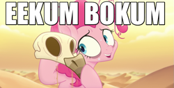 Size: 867x442 | Tagged: safe, edit, edited screencap, screencap, pinkie pie, earth pony, pony, g4, my little pony: the movie, 2snacks, banjo kazooie, caption, desert, dishevelled, eekum bokum, female, hololive, image macro, korone inugami, meme, messy mane, skull, solo, text, vtuber