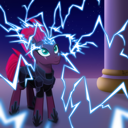 Size: 2048x2048 | Tagged: safe, artist:whitequartztheartist, fizzlepop berrytwist, tempest shadow, pony, unicorn, g4, my little pony: the movie, canterlot, female, high res, lightning, magic, mare, solo