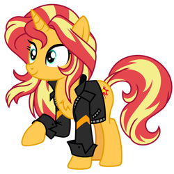 Size: 1024x1024 | Tagged: safe, artist:ambris, artist:emeraldblast63, sunset shimmer, pony, unicorn, g4, chest fluff, clothes, cute, female, jacket, leather jacket, mare, raised hoof, redesign, shimmerbetes, simple background, solo, transparent background