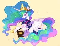 Size: 2048x1593 | Tagged: safe, artist:n in a, princess celestia, twilight sparkle, alicorn, pony, g4, book, hug, reading, winghug