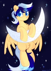 Size: 1463x2048 | Tagged: safe, artist:n in a, artist:raily, oc, oc only, pegasus, pony, crescent moon, fluffy, hanging, moon, solo, starry night, stars, tangible heavenly object, transparent moon