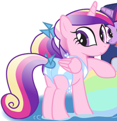 Size: 1102x1141 | Tagged: safe, artist:dm29, princess cadance, twilight sparkle, alicorn, pony, g4, beach ball, bikini, butt, clothes, cropped, female, lovebutt, mare, plot, simple background, solo focus, sunscreen, swimsuit, teen princess cadance, transparent background, water