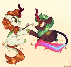 Size: 1958x1849 | Tagged: safe, artist:n in a, autumn blaze, cinder glow, summer flare, kirin, nirik, g4, beige background, duo, female, food, hoofbump, marshmallow, simple background, sitting, smiling