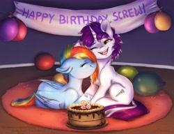 Size: 5000x3845 | Tagged: safe, artist:buttersprinkle, rainbow dash, oc, oc:screwingwithsfm, pegasus, pony, unicorn, g4, absurd resolution, balloon, banner, birthday, birthday cake, cake, canon x oc, commission, commissioner:raritybro, cute, dashabetes, duo, eyes closed, female, food, horn, lesbian, lying down, mare, ocbetes, one eye closed, prone, rug, screwingdash, screwingwithsfm's birthday, screwingwithsfm's rainbow dash, shipping, snuggling, unicorn oc